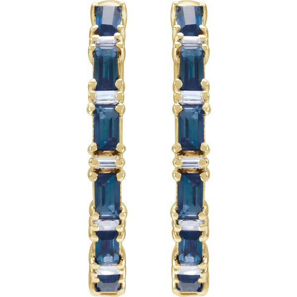 Pair of 14k yellow gold sapphire hoop earrings, measuring 2 mm thick, with fourteen GIA Type II Clarity AA, round brilliant cut sapphires. The sapphires have a total weight of 1.26 carats, and are prong set. In addition, there are twelve baguette diamonds, G-H color, I1 clarity, with a total weight of 1.25 carats.