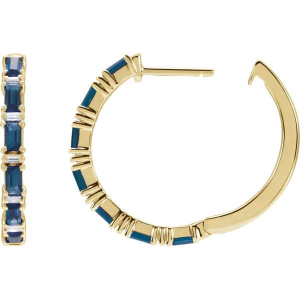 Pair of 14k yellow gold sapphire hoop earrings, measuring 2 mm thick, with fourteen GIA Type II Clarity AA, round brilliant cut sapphires. The sapphires have a total weight of 1.26 carats, and are prong set. In addition, there are twelve baguette diamonds, G-H color, I1 clarity, with a total weight of 1.25 carats.