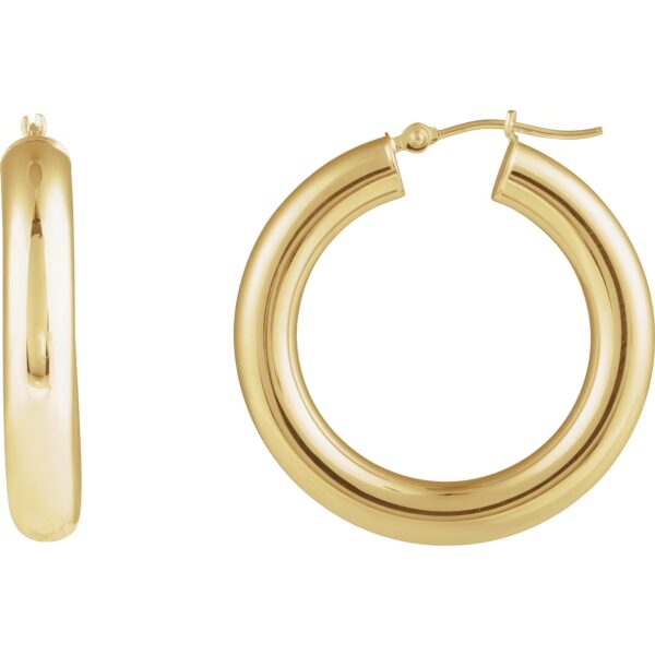 Pair of high-polish gold hoop earrings displayed on a white background, showing one earring from the front and one from the side