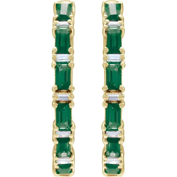 Pair of 14k yellow gold emerald baguette hoop earrings, measuring 2 mm thick, with fourteen GIA Type II Clarity AA, baguette cut emeralds. The emeralds have an approximate total weight of 1.26 carats, and are prong set. In addition, there are twelve baguette diamonds, G-H color, I1 clarity, with a total weight of 1.25 carats. The earrings weigh approximately 4.35 grams.