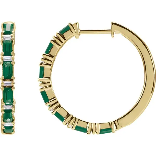 Pair of 14k yellow gold emerald baguette hoop earrings, measuring 2 mm thick, with fourteen GIA Type II Clarity AA, baguette cut emeralds. The emeralds have an approximate total weight of 1.26 carats, and are prong set. In addition, there are twelve baguette diamonds, G-H color, I1 clarity, with a total weight of 1.25 carats. The earrings weigh approximately 4.35 grams.