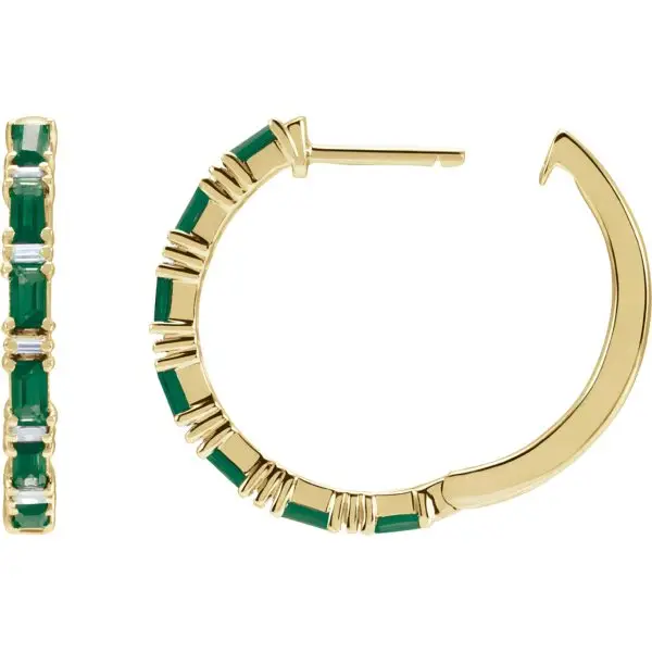 Pair of 14k yellow gold emerald baguette hoop earrings, measuring 2 mm thick, with fourteen GIA Type II Clarity AA, baguette cut emeralds. The emeralds have an approximate total weight of 1.26 carats, and are prong set. In addition, there are twelve baguette diamonds, G-H color, I1 clarity, with a total weight of 1.25 carats. The earrings weigh approximately 4.35 grams.