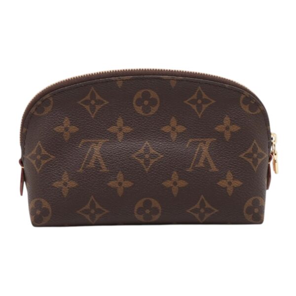 Rear view of the Louis Vuitton Monogram pouch showing symmetrical monogram alignment and curved silhouette.