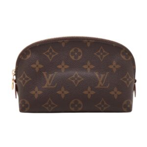 Front view of a Louis Vuitton Monogram canvas cosmetic pouch with a curved top, gold-tone zipper, and iconic LV and floral motif print.
