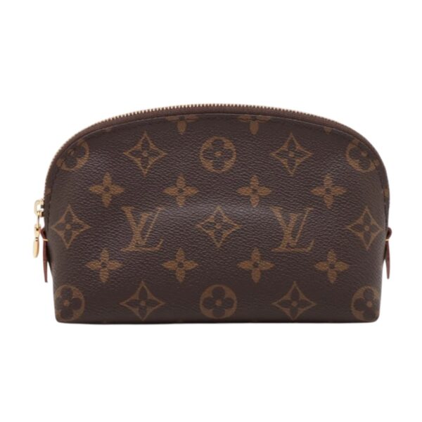 Front view of a Louis Vuitton Monogram canvas cosmetic pouch with a curved top, gold-tone zipper, and iconic LV and floral motif print.
