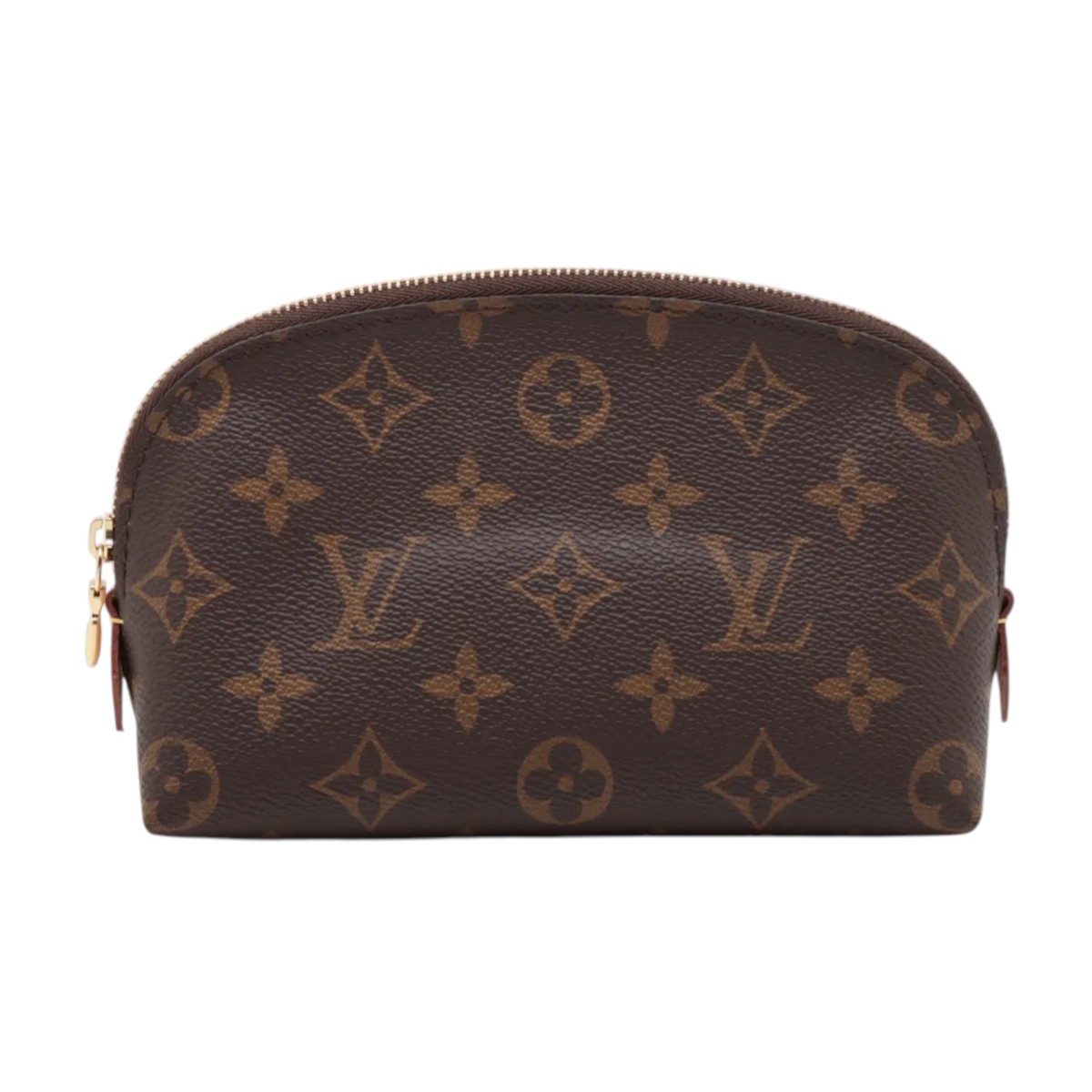 Front view of a Louis Vuitton Monogram canvas cosmetic pouch with a curved top, gold-tone zipper, and iconic LV and floral motif print.