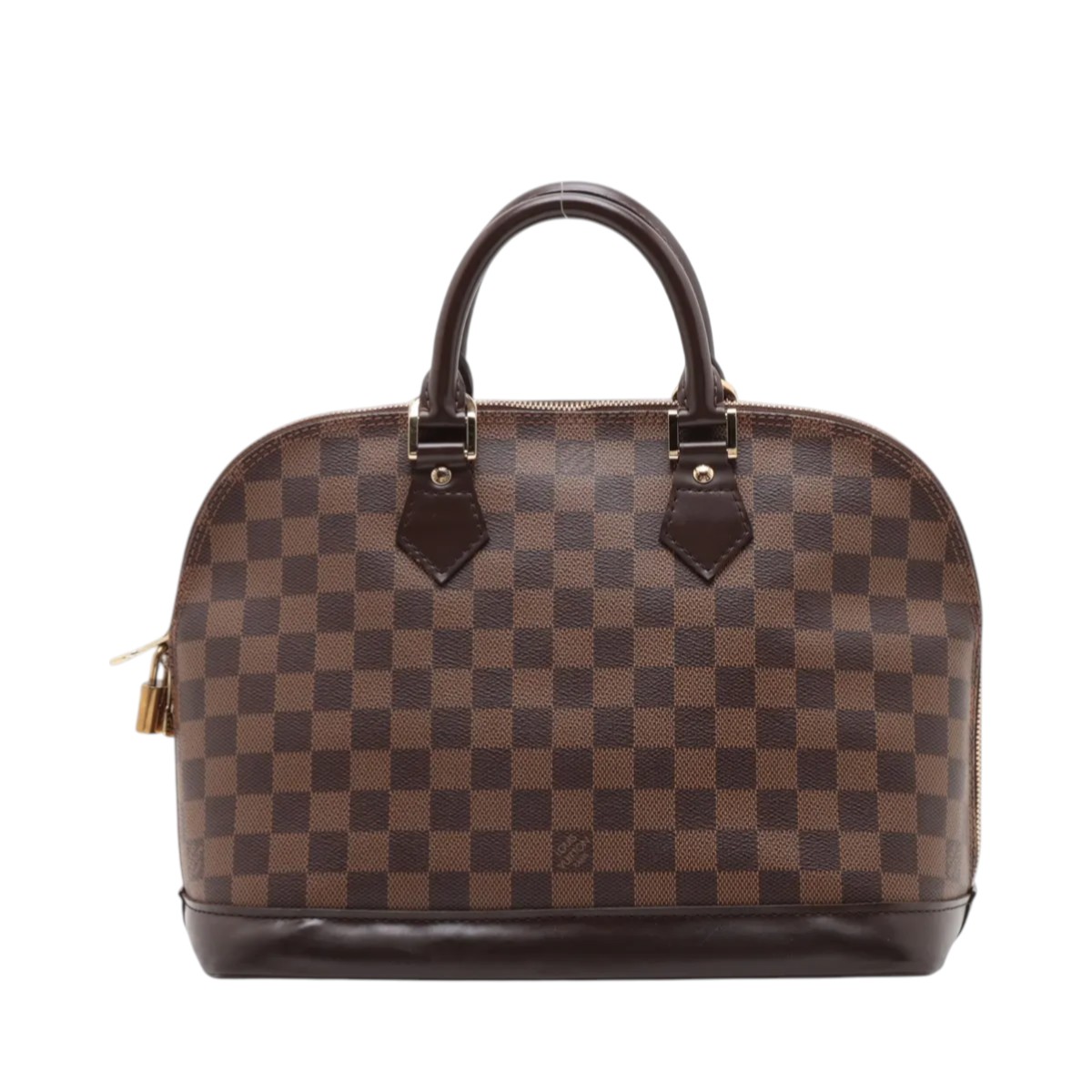Full front view of the Louis Vuitton Damier Ebene Alma PM with dark brown leather handles and gold-tone zipper.