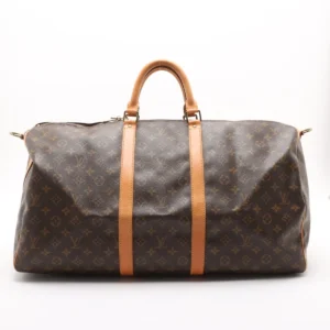Large Louis Vuitton monogram brown leather travel duffle bag with tan leather handles and straps