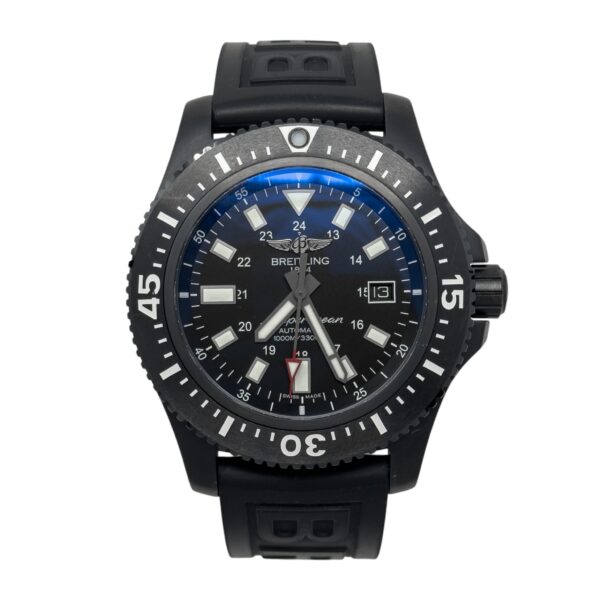 Black Breitling dive watch front view with rotating bezel, luminous markers, date window and rubber strap.
