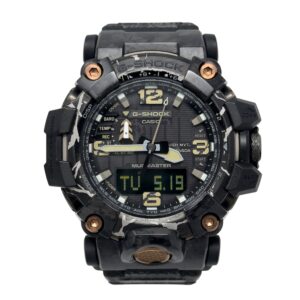Rugged black Casio G-Shock Mudmaster watch face with digital display, large hands, camo pattern, and bronze screws