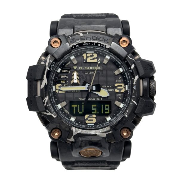 Rugged black Casio G-Shock Mudmaster watch face with digital display, large hands, camo pattern, and bronze screws