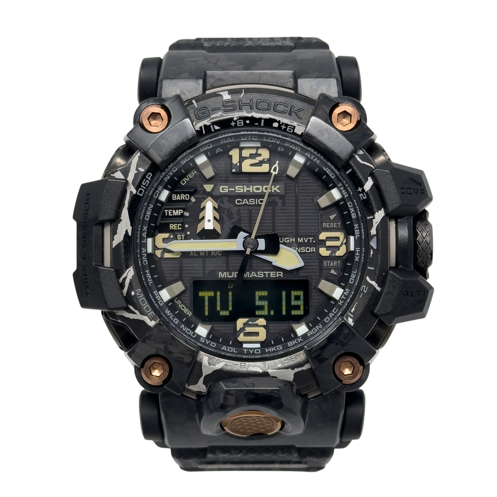 Rugged black Casio G-Shock Mudmaster watch face with digital display, large hands, camo pattern, and bronze screws