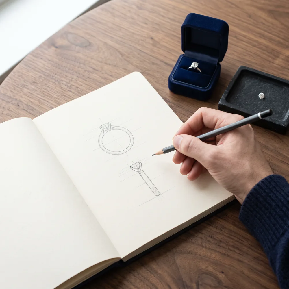 Sketching an engagement ring design beside a ring box